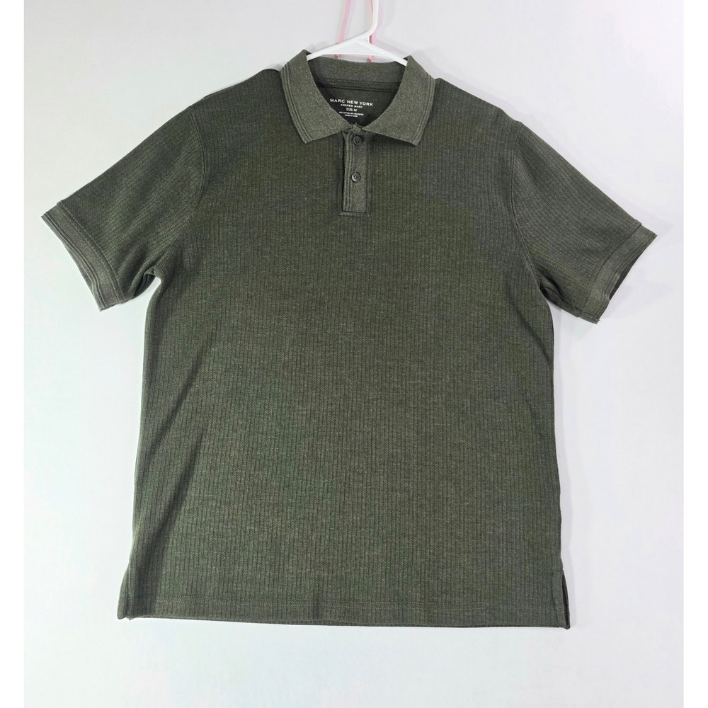 Marc New York Andrew Marc Mens Olive Green Ribbed Short Sleeve Polo Shirt Medium